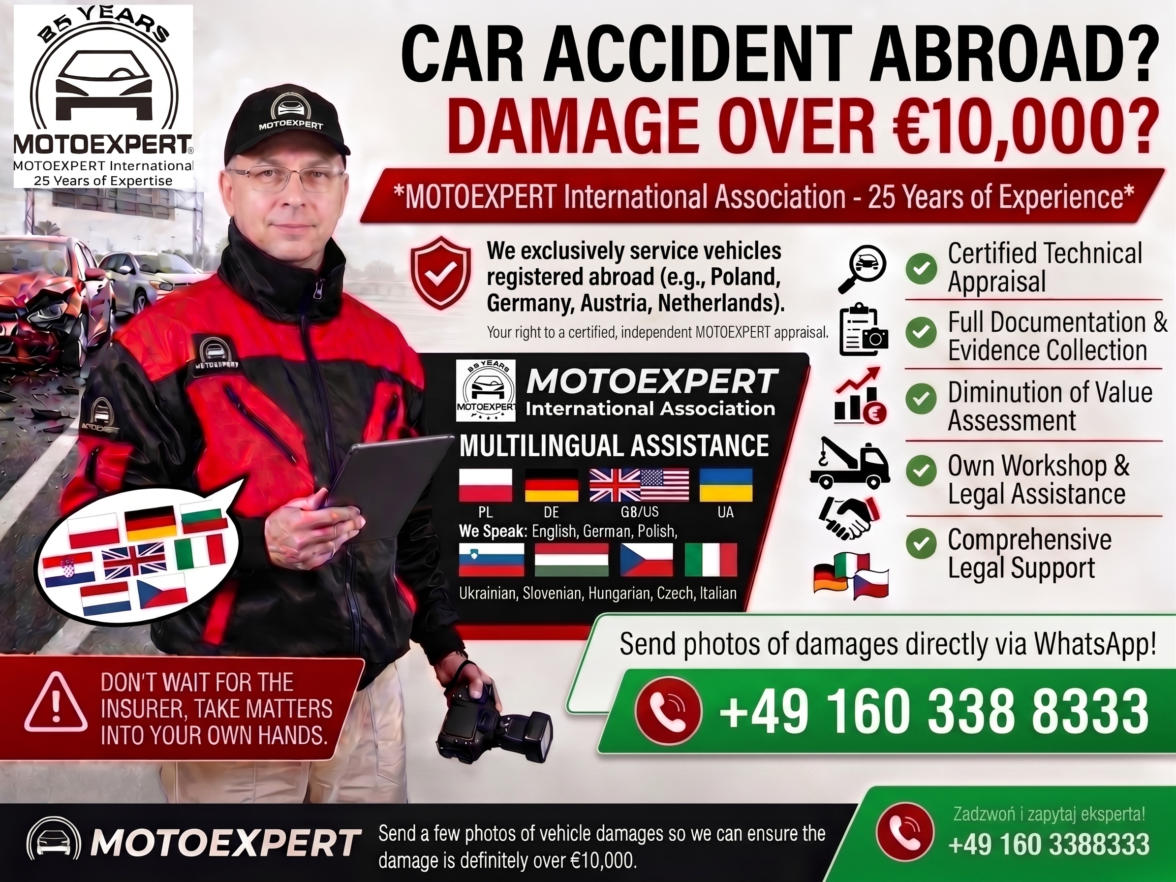 Car accident abroad? Damage over 10,000 EUR? MOTOEXPERT International Association - certified technical appraisal, multilingual assistance